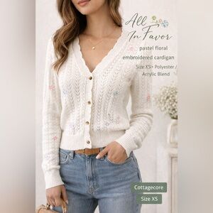 All in Favor Pastel Floral Embroidered Cardigan XS Cottagecore Button Front Knit